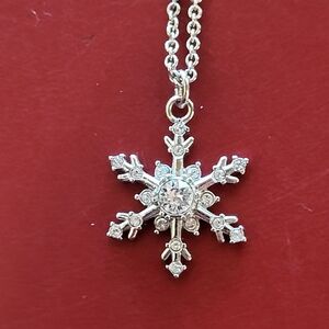 Silver Tone Snowflake Necklace Whimsical Jewelry Chain Rhinestones